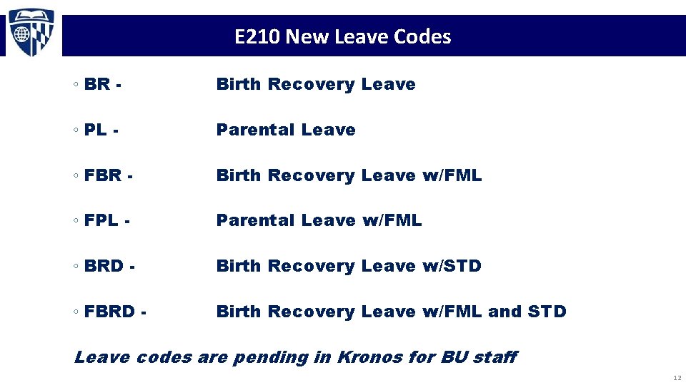 E 210 New Leave Codes ◦ BR - Birth Recovery Leave ◦ PL -