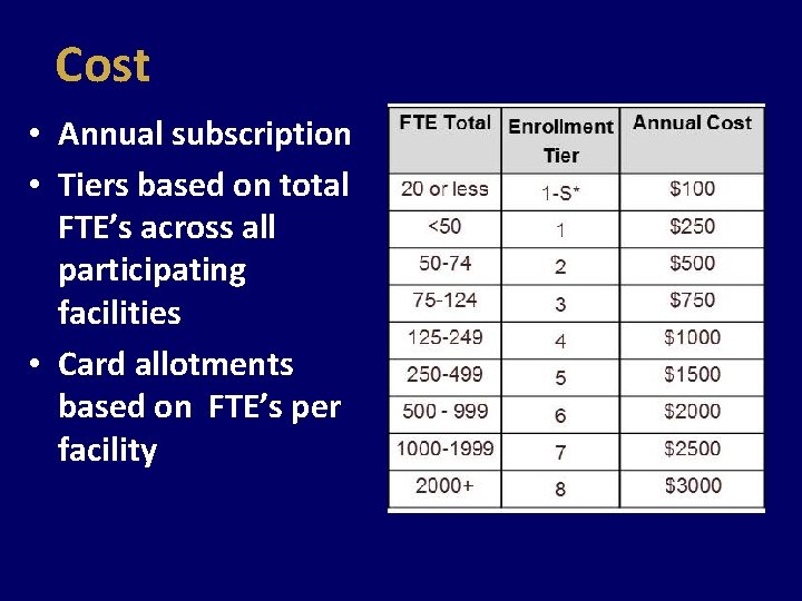 Cost • Annual subscription • Tiers based on total FTE’s across all participating facilities