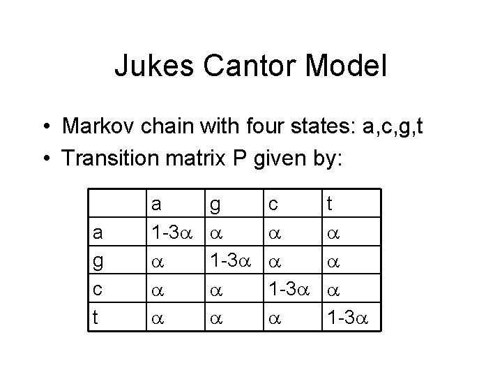 Jukes Cantor Model • Markov chain with four states: a, c, g, t •