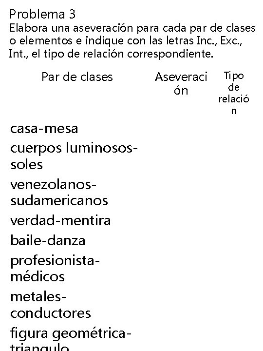 Problema 3 Elabora una aseveración para cada par de clases o elementos e indique Problema 3 Elabora una aseveración para cada par de clases o elementos e indique