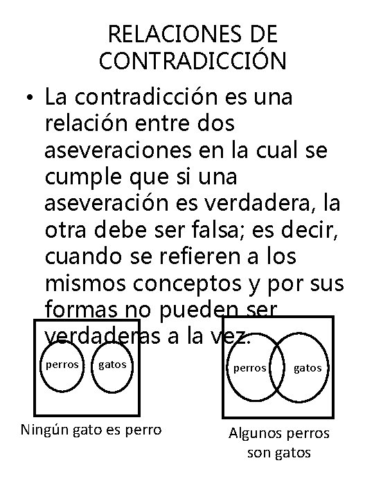 RELACIONES DE CONTRADICCIÓN • La contradicción es una relación entre dos aseveraciones en la RELACIONES DE CONTRADICCIÓN • La contradicción es una relación entre dos aseveraciones en la