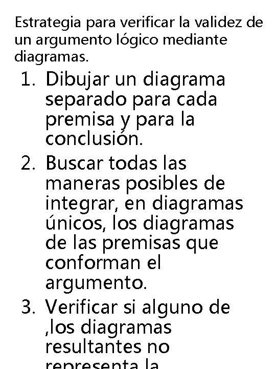 Estrategia para verificar la validez de un argumento lógico mediante diagramas. 1. Dibujar un Estrategia para verificar la validez de un argumento lógico mediante diagramas. 1. Dibujar un