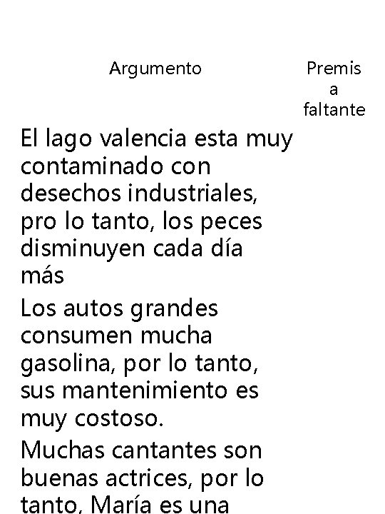 Argumento El lago valencia esta muy contaminado con desechos industriales, pro lo tanto, los Argumento El lago valencia esta muy contaminado con desechos industriales, pro lo tanto, los