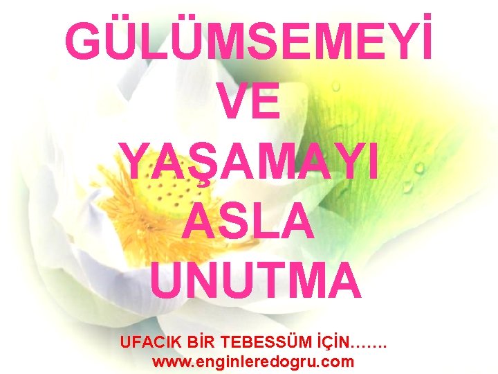 GÜLÜMSEMEYİ VE YAŞAMAYI ASLA UNUTMA UFACIK BİR TEBESSÜM İÇİN……. www. enginleredogru. com 