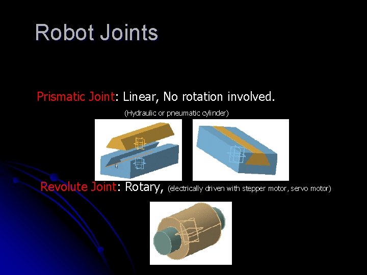 Robot Joints Prismatic Joint: Linear, No rotation involved. (Hydraulic or pneumatic cylinder) Revolute Joint: Robot Joints Prismatic Joint: Linear, No rotation involved. (Hydraulic or pneumatic cylinder) Revolute Joint: