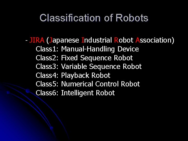Classification of Robots - JIRA (Japanese Industrial Robot Association) Class 1: Class 2: Class Classification of Robots - JIRA (Japanese Industrial Robot Association) Class 1: Class 2: Class