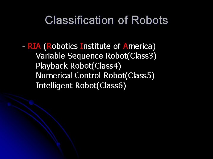 Classification of Robots - RIA (Robotics Institute of America) Variable Sequence Robot(Class 3) Playback Classification of Robots - RIA (Robotics Institute of America) Variable Sequence Robot(Class 3) Playback