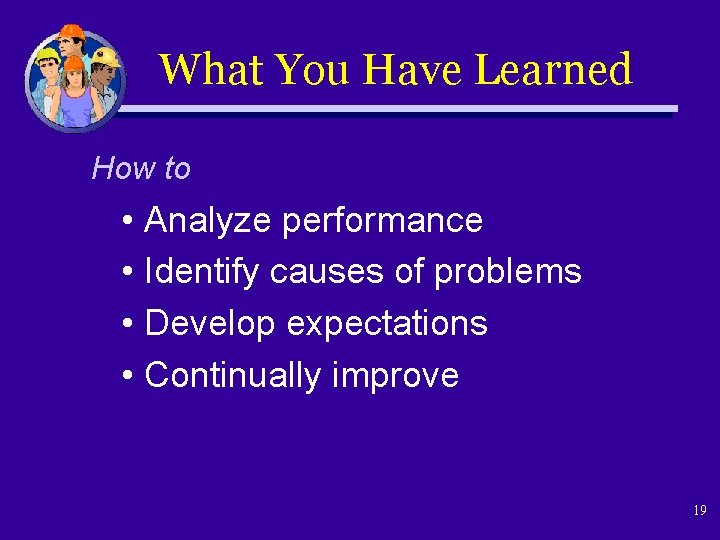 What You Have Learned How to • Analyze performance • Identify causes of problems