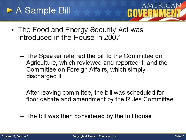 A Sample Bill • The Food and Energy Security Act was introduced in the