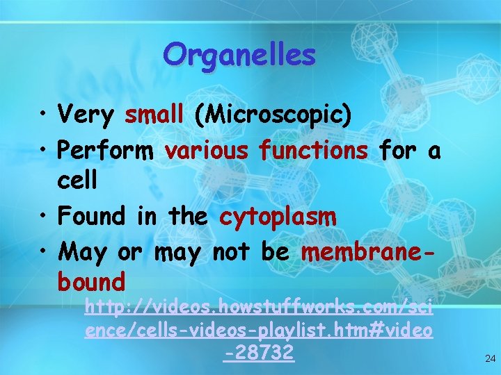 Organelles • Very small (Microscopic) • Perform various functions for a cell • Found