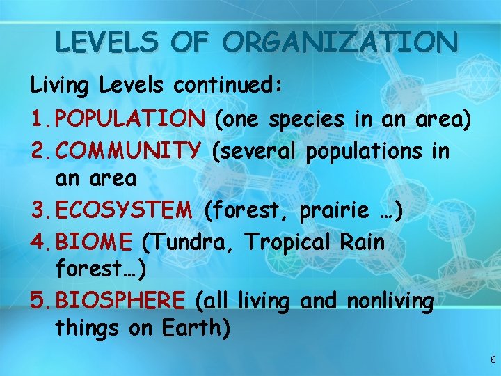 LEVELS OF ORGANIZATION Living Levels continued: 1. POPULATION (one species in an area) 2.