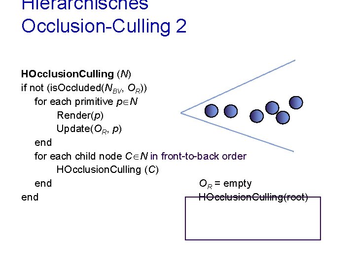 Hierarchisches Occlusion-Culling 2 HOcclusion. Culling (N) if not (is. Occluded(NBV, OR)) for each primitive