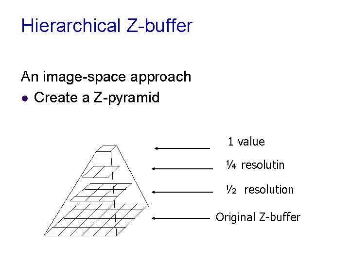 Hierarchical Z-buffer An image-space approach l Create a Z-pyramid 1 value ¼ resolutin ½