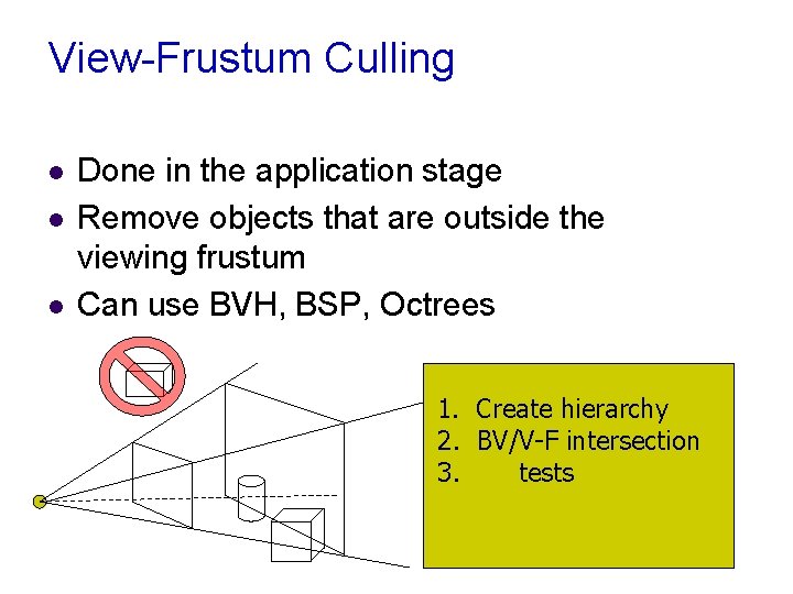 View-Frustum Culling l l l Done in the application stage Remove objects that are