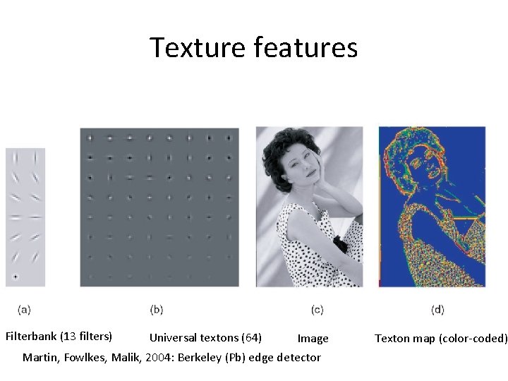 Texture features Filterbank (13 filters) Universal textons (64) Image Martin, Fowlkes, Malik, 2004: Berkeley