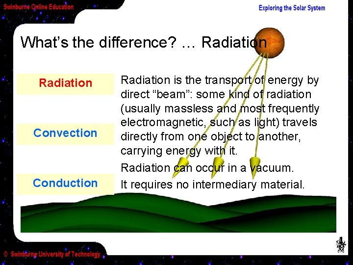 What’s the difference? … Radiation Convection Conduction Radiation is the transport of energy by