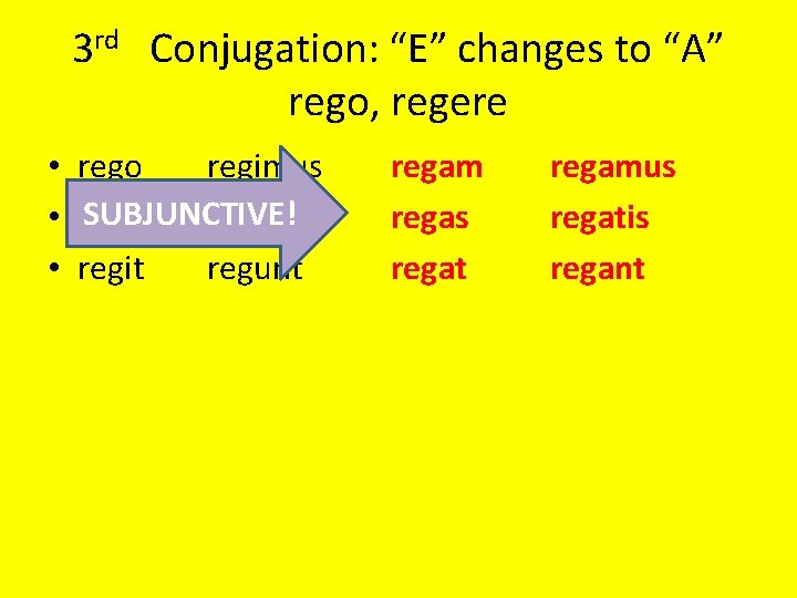 3 rd Conjugation: “E” changes to “A” rego, regere • • • rego regimus