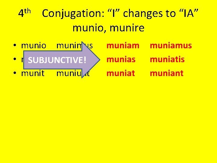 4 th Conjugation: “I” changes to “IA” munio, munire • munio munimus • munis