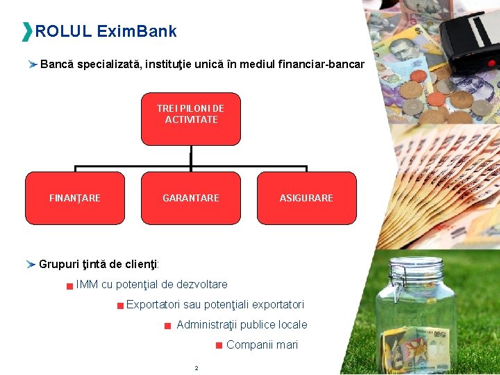 ROLUL Exim. Bank Bancă specializată, instituţie unică în mediul financiar-bancar TREI PILONI DE ACTIVITATE