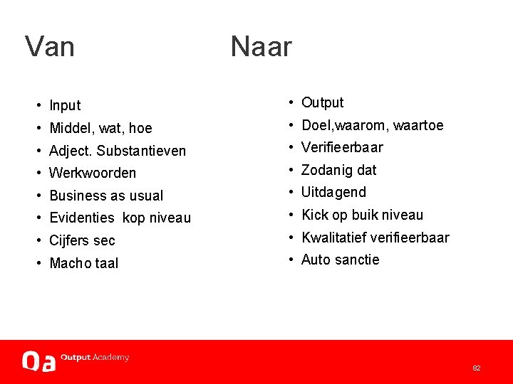 Van Naar • Input • Output • Middel, wat, hoe • Doel, waarom, waartoe