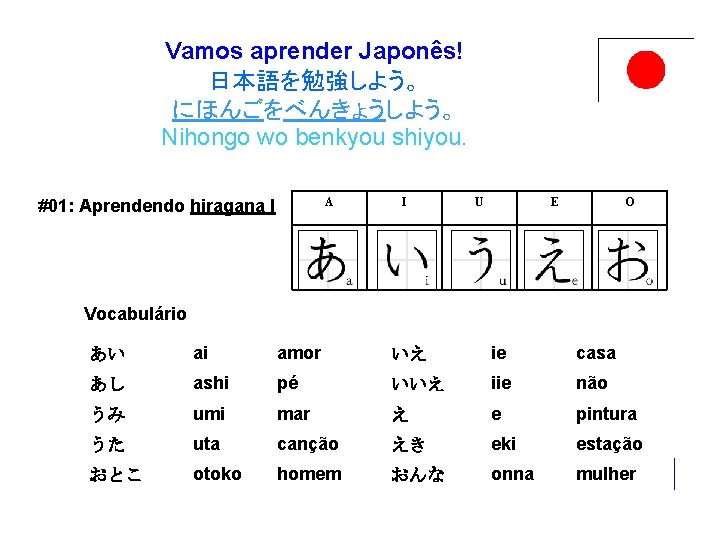 Vamos aprender Japonês! 日本語を勉強しよう。 にほんごをべんきょうしよう。 Nihongo wo benkyou shiyou. A #01: Aprendendo hiragana I