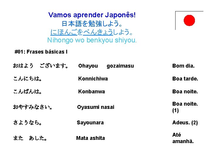 Vamos aprender Japonês! 日本語を勉強しよう。 にほんごをべんきょうしよう。 Nihongo wo benkyou shiyou. #01: Frases básicas I おはよう　ございます。