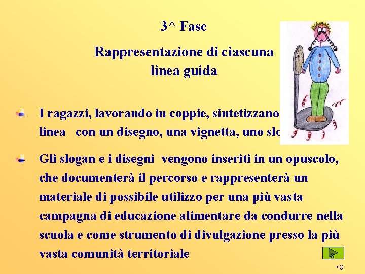 3^ Fase Rappresentazione di ciascuna linea guida I ragazzi, lavorando in coppie, sintetizzano ciascuna