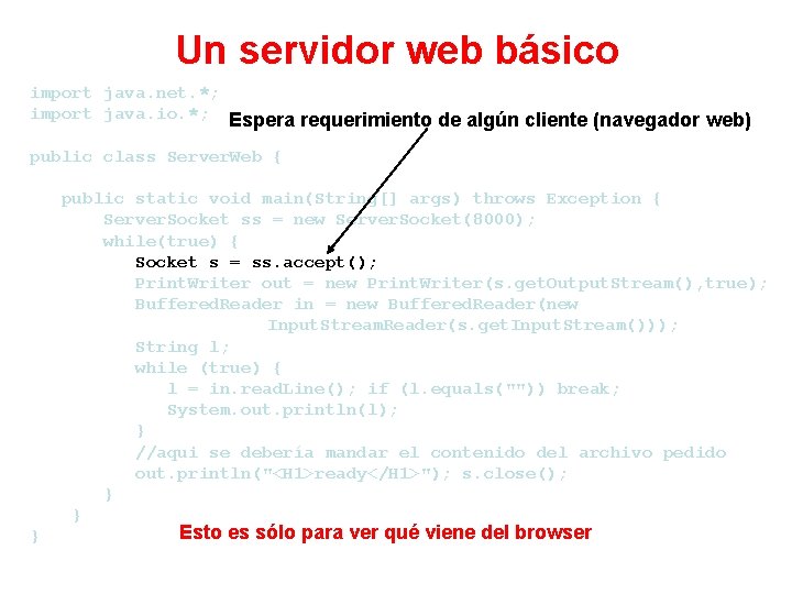 Un servidor web básico import java. net. *; import java. io. *; Espera requerimiento