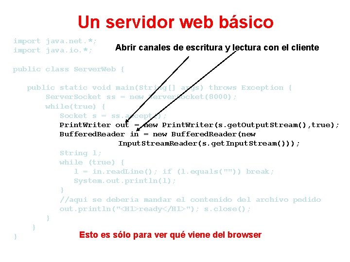 Un servidor web básico import java. net. *; import java. io. *; Abrir canales