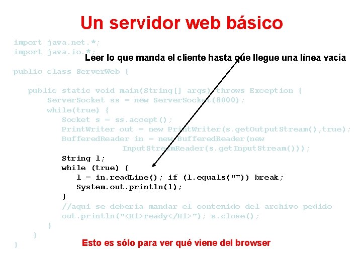 Un servidor web básico import java. net. *; import java. io. *; Leer lo