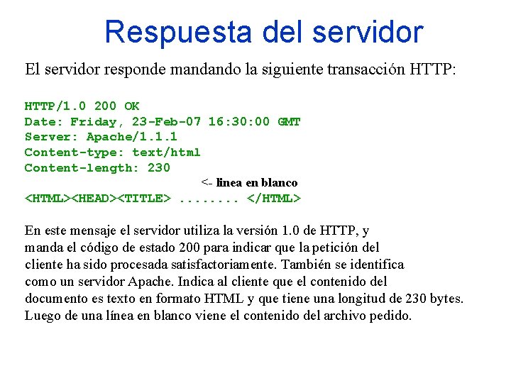Respuesta del servidor El servidor responde mandando la siguiente transacción HTTP: HTTP/1. 0 200