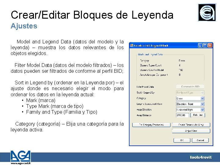 Crear/Editar Bloques de Leyenda Ajustes Model and Legend Data (datos del modelo y la