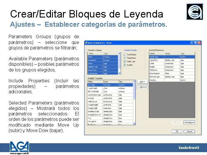 Crear/Editar Bloques de Leyenda Ajustes – Establecer categorías de parámetros. Parameters Groups (grupos de