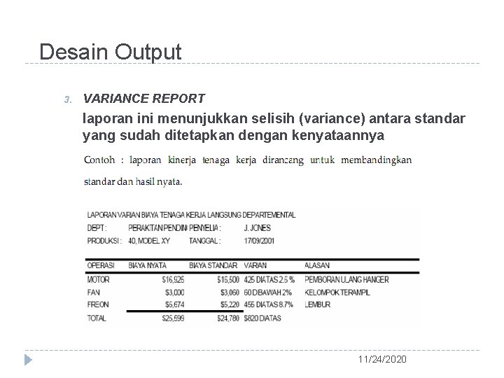 Desain Output 3. VARIANCE REPORT laporan ini menunjukkan selisih (variance) antara standar yang sudah