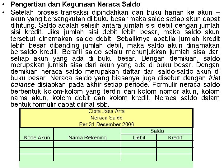  • Pengertian dan Kegunaan Neraca Saldo • Setelah proses transaksi dipindahkan dari buku