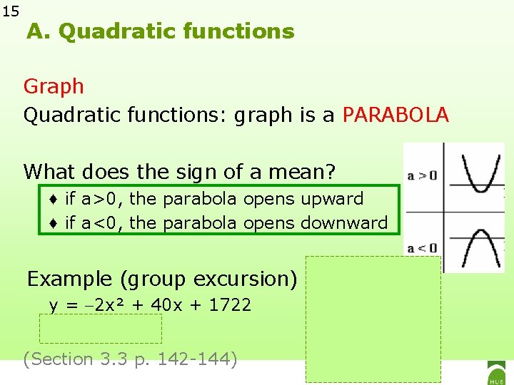 15 A. Quadratic functions Graph Quadratic functions: graph is a PARABOLA What does the