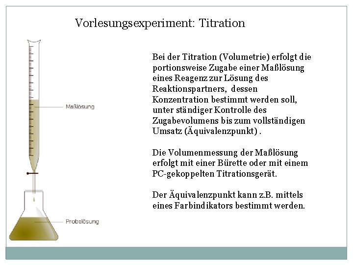 Vorlesungsexperiment: Titration Bei der Titration (Volumetrie) erfolgt die portionsweise Zugabe einer Maßlösung eines Reagenz