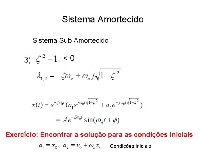 Sistema Amortecido Sistema Sub-Amortecido 3) <0 Exercício: Encontrar a solução para as condições iniciais