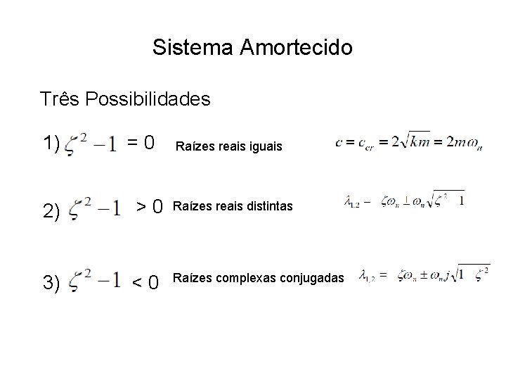 Sistema Amortecido Três Possibilidades 1) =0 2) >0 3) <0 Raízes reais iguais Raízes