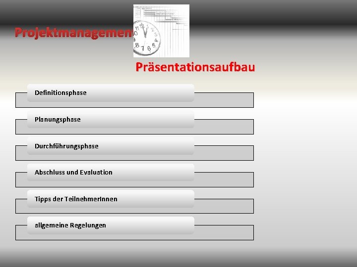 Projektmanagement Präsentationsaufbau Definitionsphase Planungsphase Durchführungsphase Abschluss und Evaluation Tipps der Teilnehmer. Innen allgemeine Regelungen