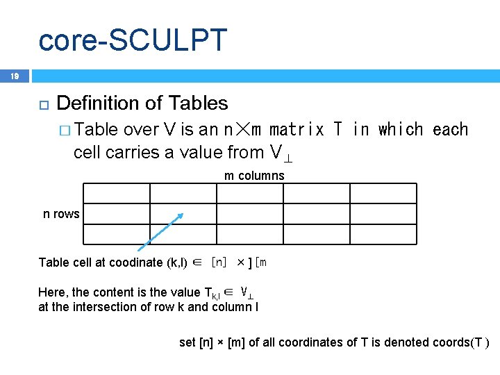 core-SCULPT 19 Definition of Tables � Table over V is an n☓m matrix T