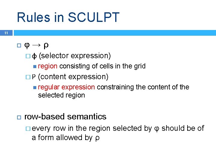 Rules in SCULPT 11 φ→ρ �φ (selector expression) region �Ρ consisting of cells in