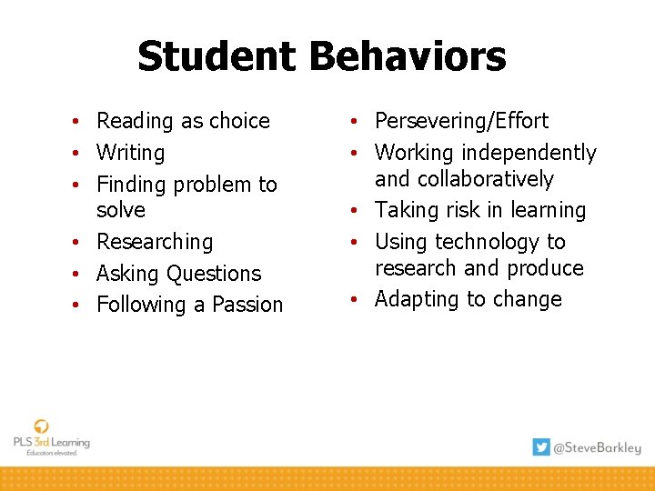 Student Behaviors • Reading as choice • Writing • Finding problem to solve •