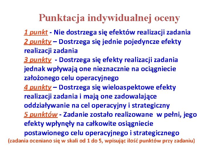 Punktacja indywidualnej oceny 1 punkt - Nie dostrzega się efektów realizacji zadania 2 punkty