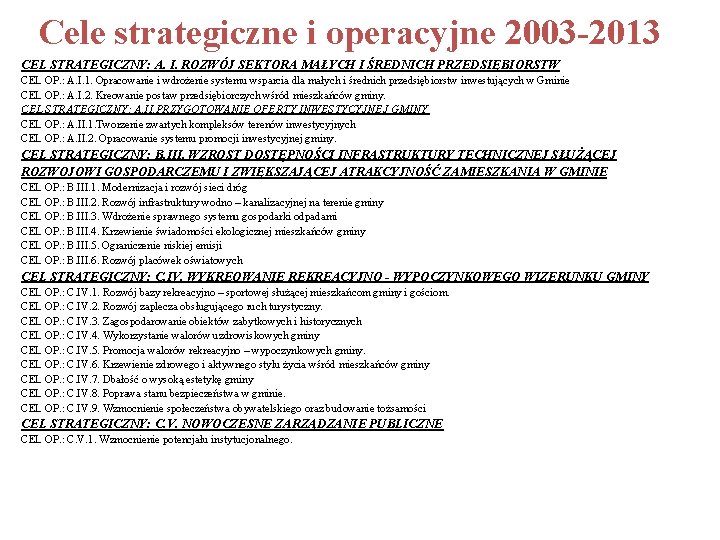 Cele strategiczne i operacyjne 2003 -2013 CEL STRATEGICZNY: A. I. ROZWÓJ SEKTORA MAŁYCH I