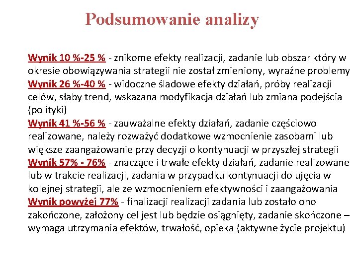 Podsumowanie analizy Wynik 10 %-25 % - znikome efekty realizacji, zadanie lub obszar który