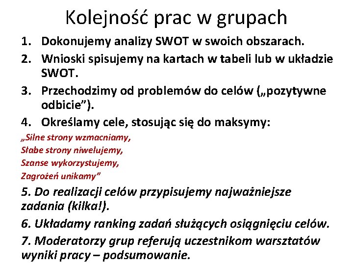 Kolejność prac w grupach 1. Dokonujemy analizy SWOT w swoich obszarach. 2. Wnioski spisujemy