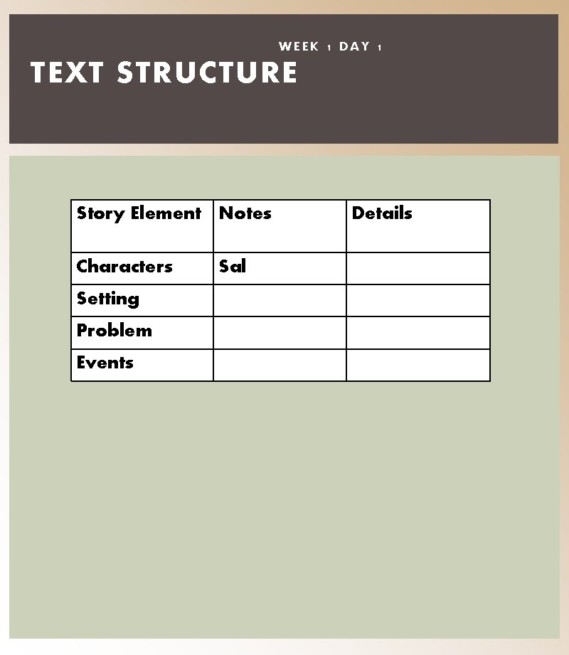 WEEK 1 DAY 1 TEXT STRUCTURE Story Element Notes Characters Setting Problem Events Sal