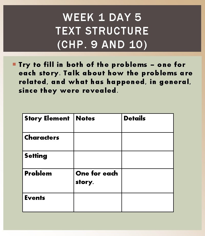 WEEK 1 DAY 5 TEXT STRUCTURE (CHP. 9 AND 10) Try to fill in