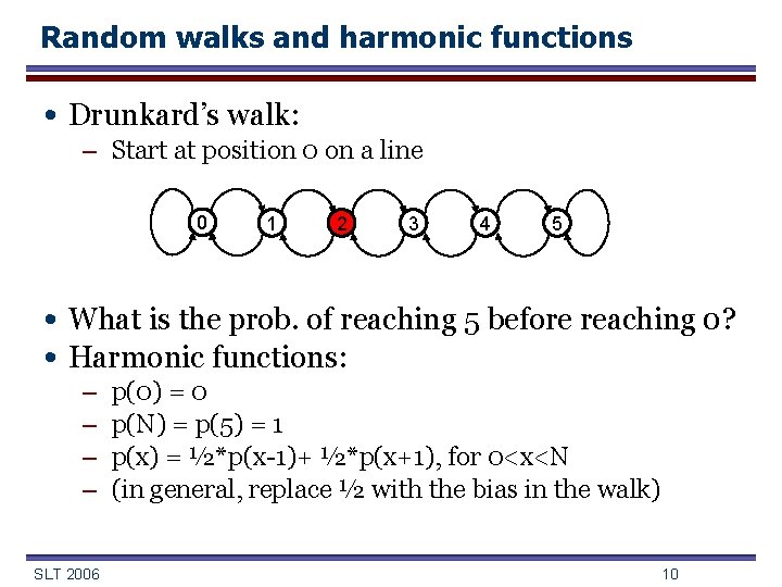 Random walks and harmonic functions • Drunkard’s walk: – Start at position 0 on